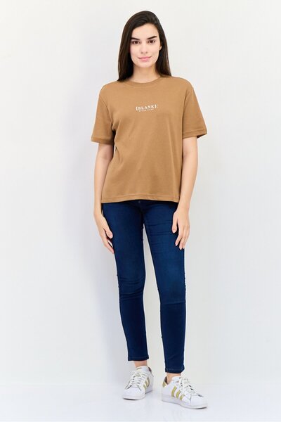 BLANK ESSENTIALS Women Round Neck Short Sleeves Brand Logo T-Shirt, Brown