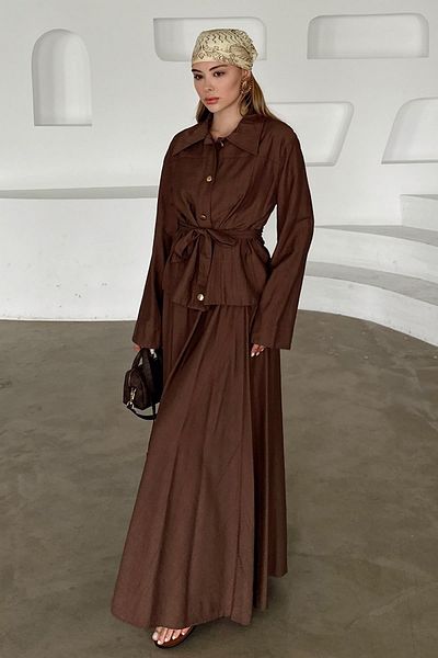 Olcay Sash Detailed Skirt Jacket Suit Brown 9348-Tk