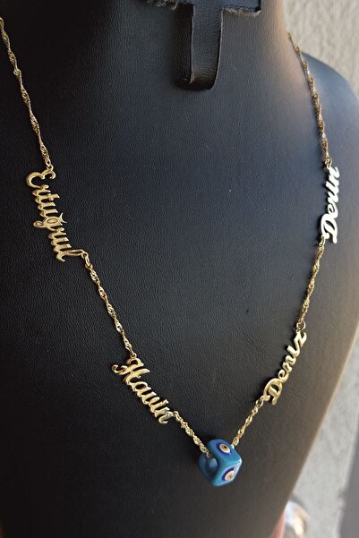 ÖZGÜR TAKI 925 Ayar Gümüş 24 Ayar Altın Kaplama 4 İsimli Nazar Boncuklu Kolye