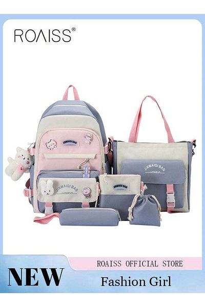 ROAISS 5-Piece Set of Backpack Multifunctional Fashion Women's New Oxford Cloth Pack Junior High School Stu