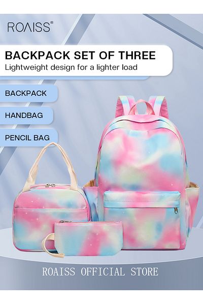 ROAISS 3-Piece Set New School Bag Elementary School/Junior High School/High School/Student Bag College Stud