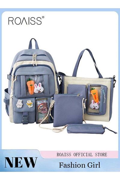 ROAISS 4-Piece Set of Cute Backpack Women's Bag Lightweight Elementary School Students Girls Large Capacity