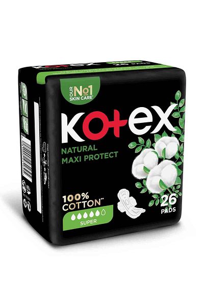 Kotex Natural Maxi Protect Thick 100% Cotton Pad Super Size with Wings 26 pcs