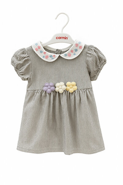 mia mia Çizgili Çiçek Detaylı Kız Bebek Elbise ve Külot - Yazlık Pamuklu 2'li...