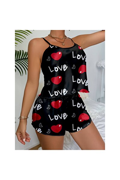 Narnuga طقم ثوب نوم من الساتان الأسود بتصميم قلب على شكل قلب