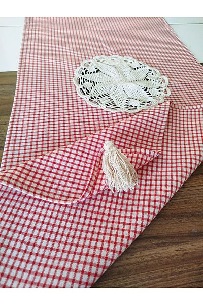denizli hatırası Red Handcrafted Lace Soft Linen Potikare Runner 47X115 cm