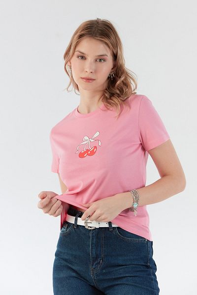 Fulla Moda Cherry and Bow Printed Crew Neck T-Shirt