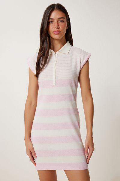 Lovelyİstanbul Rochie de tricotaj de vară cu dungi cu guler polo ROZ BONE LKİ0033