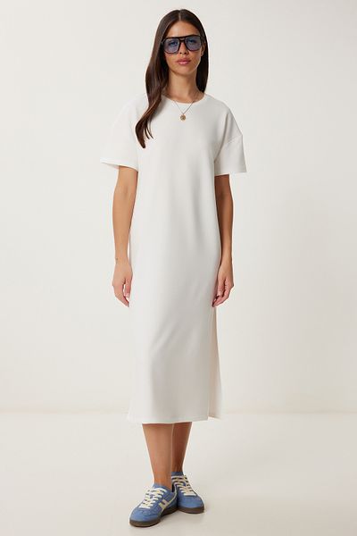 Lovelyİstanbul Rochie din bumbac pieptănat casual de vară EKRU LUB0056