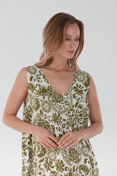 Fulla Moda Shawl Patterned V-Neck Pleated Loose Dress