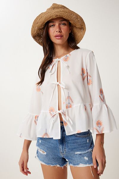 Lovelyİstanbul Embroidery Embroidered Tie-Up Summer Blouse White Lrg0024