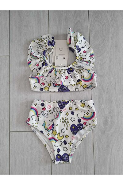 SENZA NOME STIL Omuzları Fırfırlı Unıcorn Baskılı Bikini