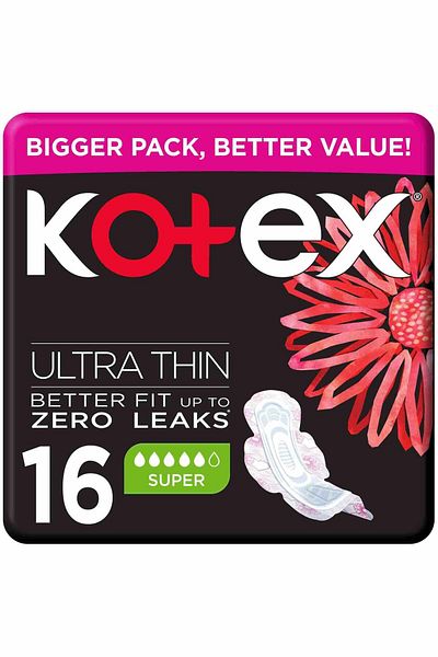 Kotex Natural Ultra Thin 100% Cotton Super Size Sanitary Pads with Wings 16 pcs