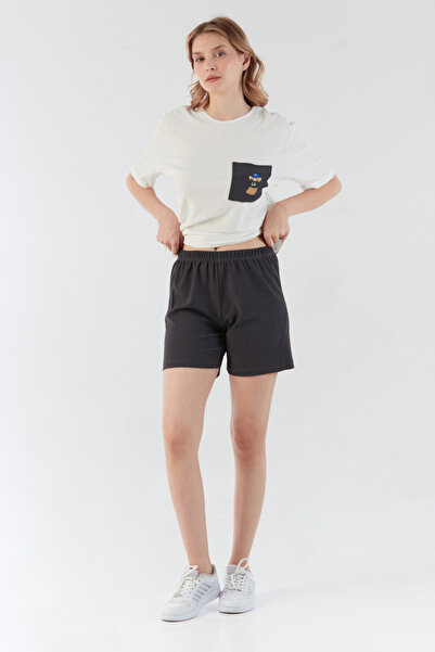 Fulla Moda Bürümcük Kumaş Ayıcık Nakışlı Cepli Şortlu Takım