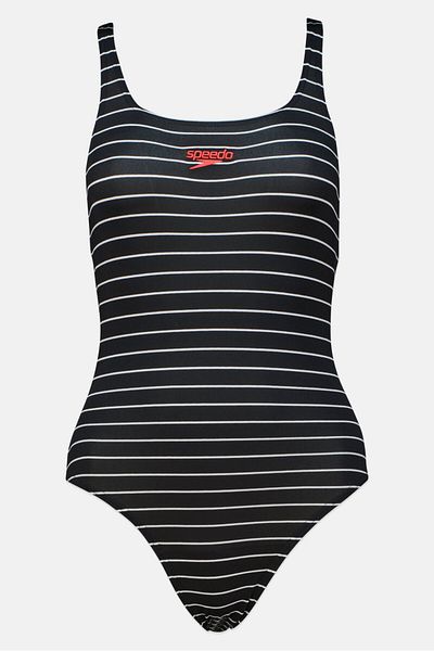 SPEEDO بدلة سباحة نسائية من قطعة واحدة مطرزة بشعار، أسود/أبيض