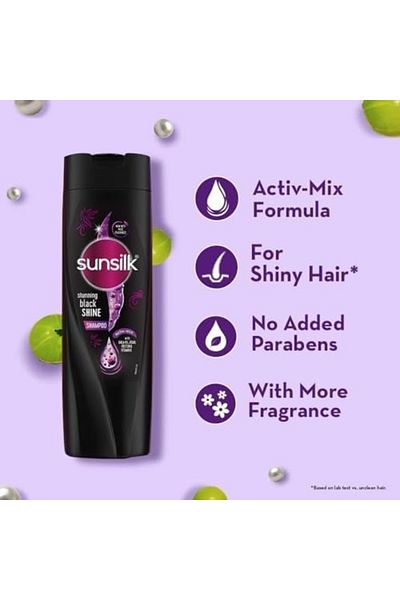 Sunsilk شامبو ساتيننج بلاك شاين 360 مل مع الأملا وبروتين اللؤلؤ وفيتامين هـ - عناية عميقة باللمعان