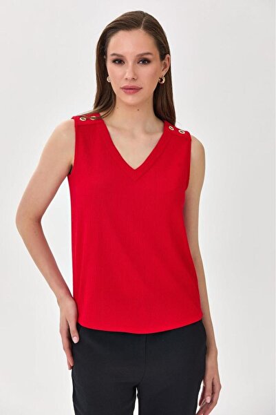 İKİLER V Yaka Omuzu Kuşgözü Detaylı Bluz 025-1028