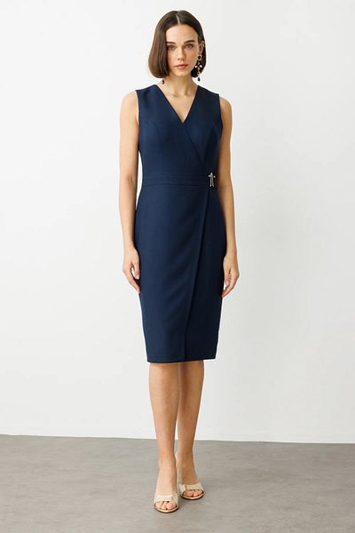Ekol Women's Waist Metal Accessory Sleeveless Dress 5468 Navy Blue