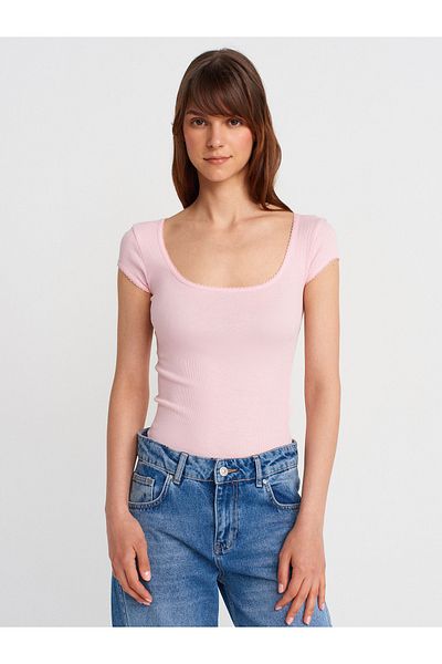Dilvin 31807 Crew Neck Ribbed T-Shirt-Powder Pink