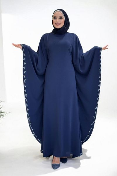 Bym Fashion Stone Detailed Yarasakol Hidden Rope Belted Dress 3969 Navy Blue