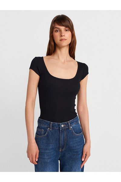 Dilvin 31807 Crew Neck Ribbed T-Shirt-Black