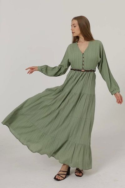 Butik Silky Front Half Button Long Sleeve Dress with Belt - Khaki