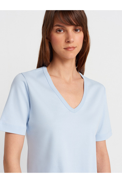 Dilvin 31840 Tricou cu mânecă scurtă cu decolteu în V-albastru deschis