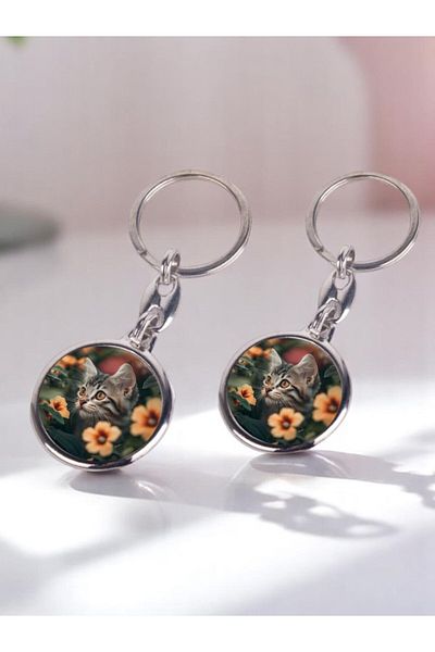 lili hediyelik Floral Cat Printed 2-Piece Keychain