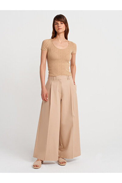 Dilvin 10755 Short Sleeve Lace Textured Thin Knitwear Blouse-Beige