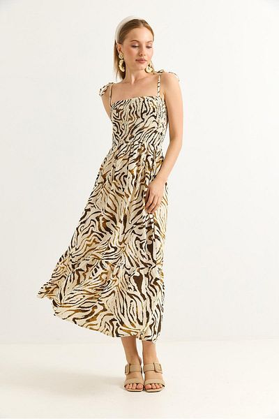 Raneel Kazançlı Alışveriş Chest Gathered Patterned Long Dress with Rope Strap Cream