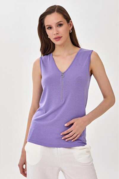 İKİLER V Yaka Önü Fermuarlı Kolsuz Bluz 025-1008