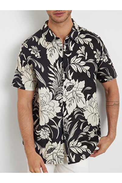 Guess Normal Siyah Baskılı Erkek Gömlek M4GH70WERX0P9WI_SS ISLAND LINEN CYP