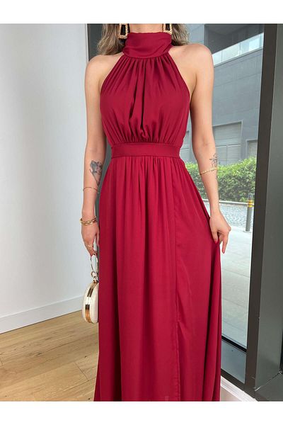 modaçelikler Halter Neck Waist Seat Herlan Burgundy Women's Dress 25Y409