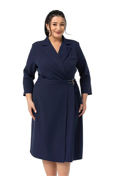 DISENTIS MODEST Plus Size Double Breasted Collar Three Quarter Sleeve Pleated Midi Navy Blue Dress