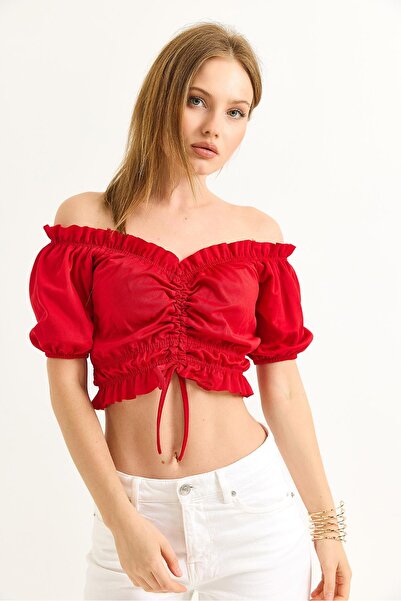 Raneel Kazançlı Alışveriş Madonna Yaka Büzgülü Crop Bluz Kırmızı