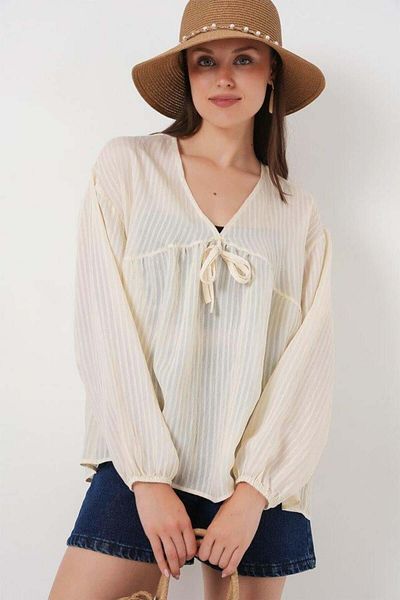 Aymood Front Lace-Up Long Sleeve Blouse 946 - Cream