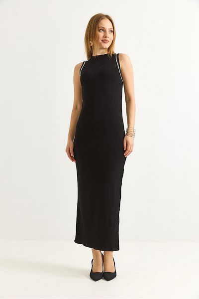 Raneel Kazançlı Alışveriş Black Dress with Stone Embroidered Shoulders