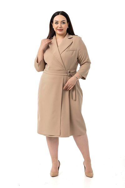 DISENTIS MODEST Plus Size Double Breasted Collar Three Quarter Sleeve Pleated Midi Mink Dress