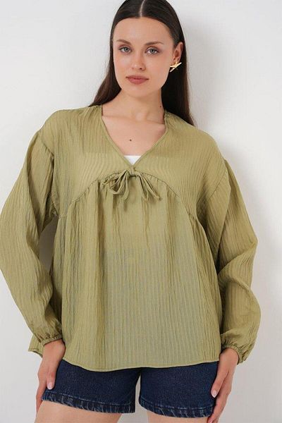 Aymood Front Lace-Up Long Sleeve Blouse 946 - Çağla
