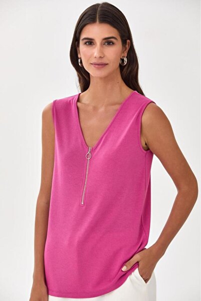 İKİLER V Yaka Önü Fermuarlı Kolsuz Bluz 025-1008