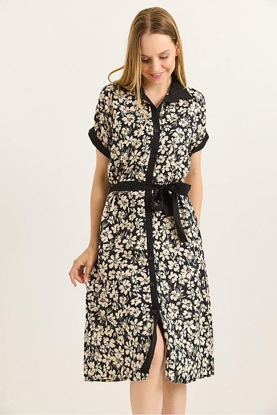 Raneel Kazançlı Alışveriş Floral Mini Belted Woven Viscose Shirt Dress Cream
