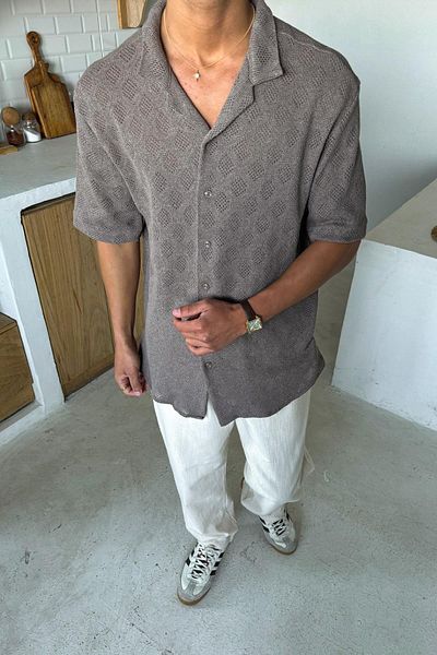Flaw Wear Patterned Knitwear Short Sleeve Milk Brown Regular Shirt