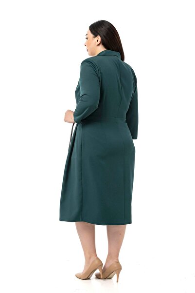 DISENTIS MODEST Plus Size Double Breasted Collar Three Quarter Sleeve Pleated Midi Emerald Green Dress