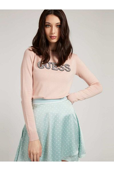 Guess Crew Neck Slim Fit Printed Red Women's Sweater