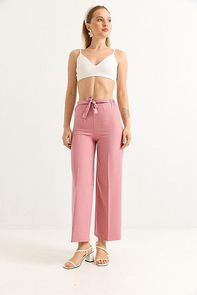 Raneel Kazançlı Alışveriş Waist Belted Wide Leg Crepe Trousers Dusty Rose