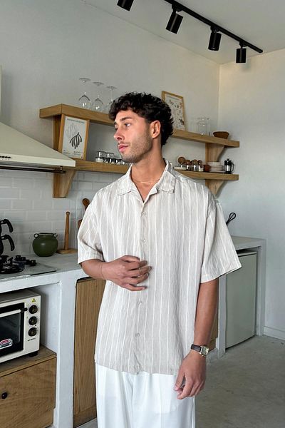 Flaw Wear Cream Striped Short Sleeve Oversize Shirt