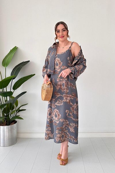 MaziButik Πουκάμισο με σχέδιο-Κρεμαστό Φόρεμα Σετ Γκρι