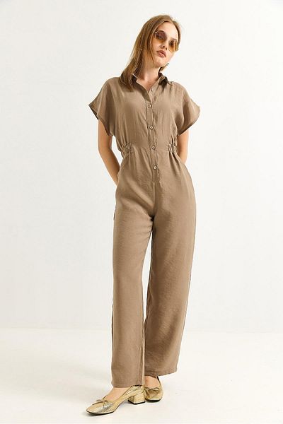 Raneel Kazançlı Alışveriş Short Sleeve Waist Elastic Modal Woven Jumpsuit Mink