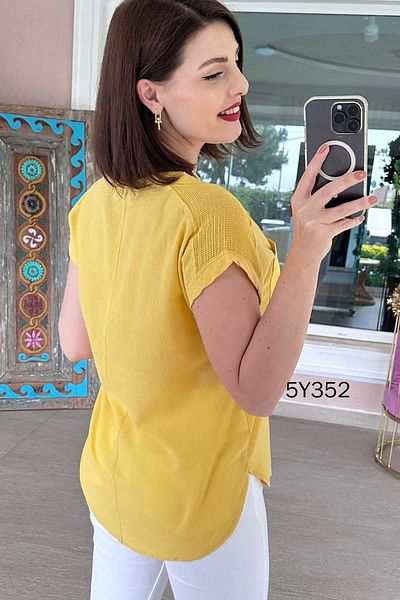 İnce Topuk Mesh Detail Cotton Linen Blouse 5Y352