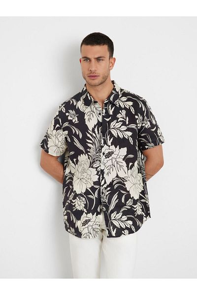 Guess Regular Black Printed Men's Shirt M4Gh70Werx0P9Wi_Ss Island Linen Cyp